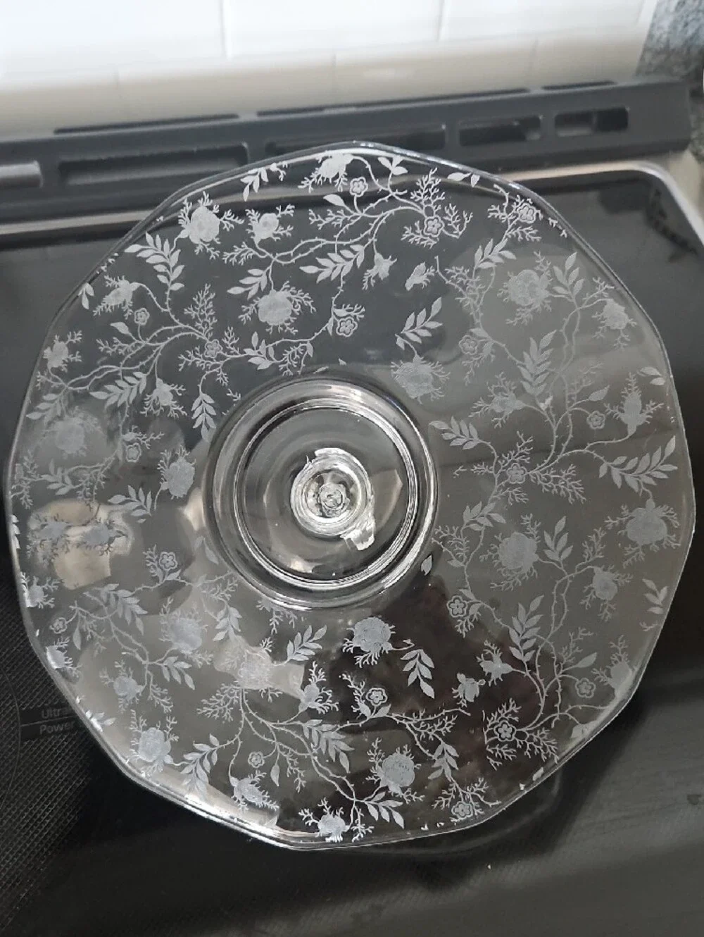 Vintage Fostoria Crystal Serving Tray With Fleur-de-Lis Handle